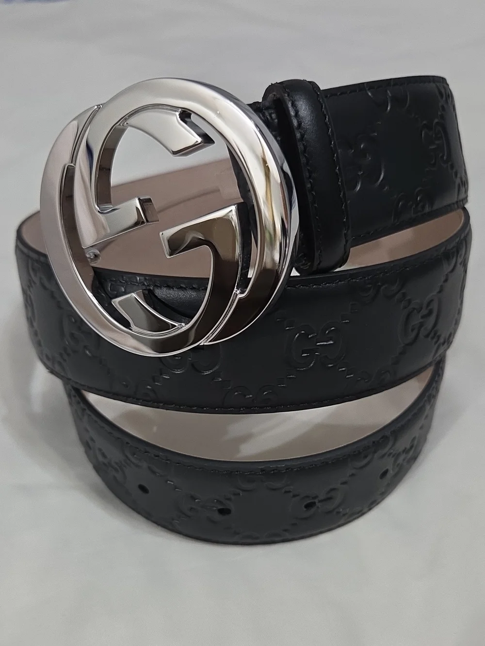 Gucci Black Leather Monogram Belt Silver Double GG Buckle 95cm